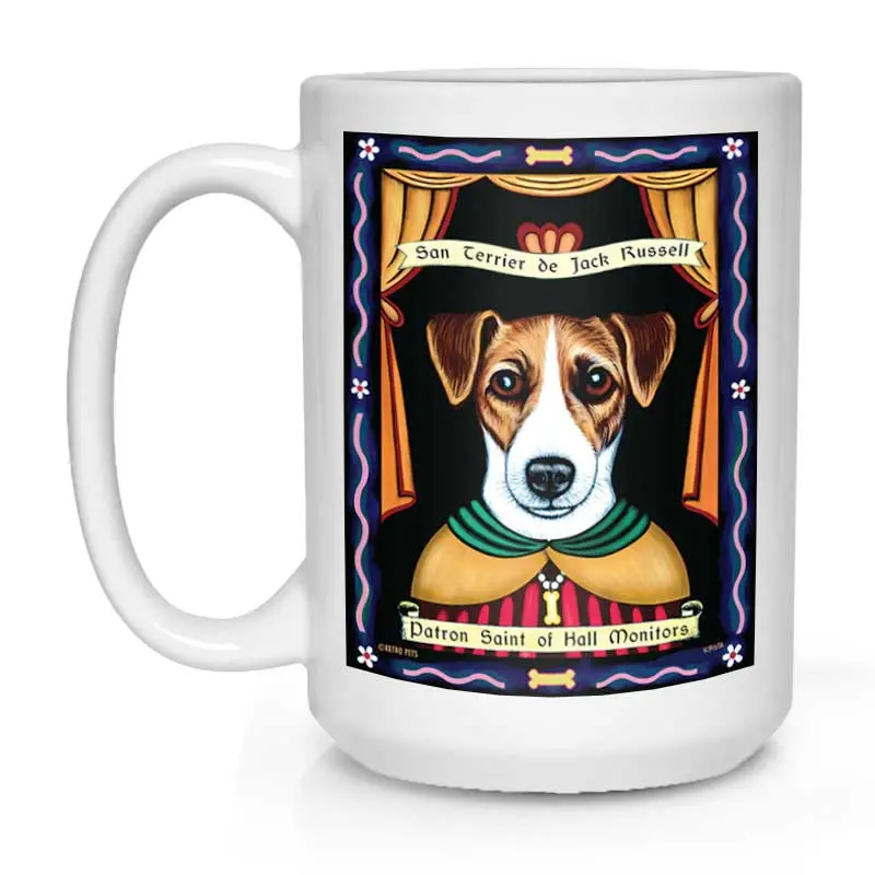Jack Russell Terrier Mug – 'Saint Of Hall Monitors' Illustration, 15 Oz White Ceramic Coffee Cup 1