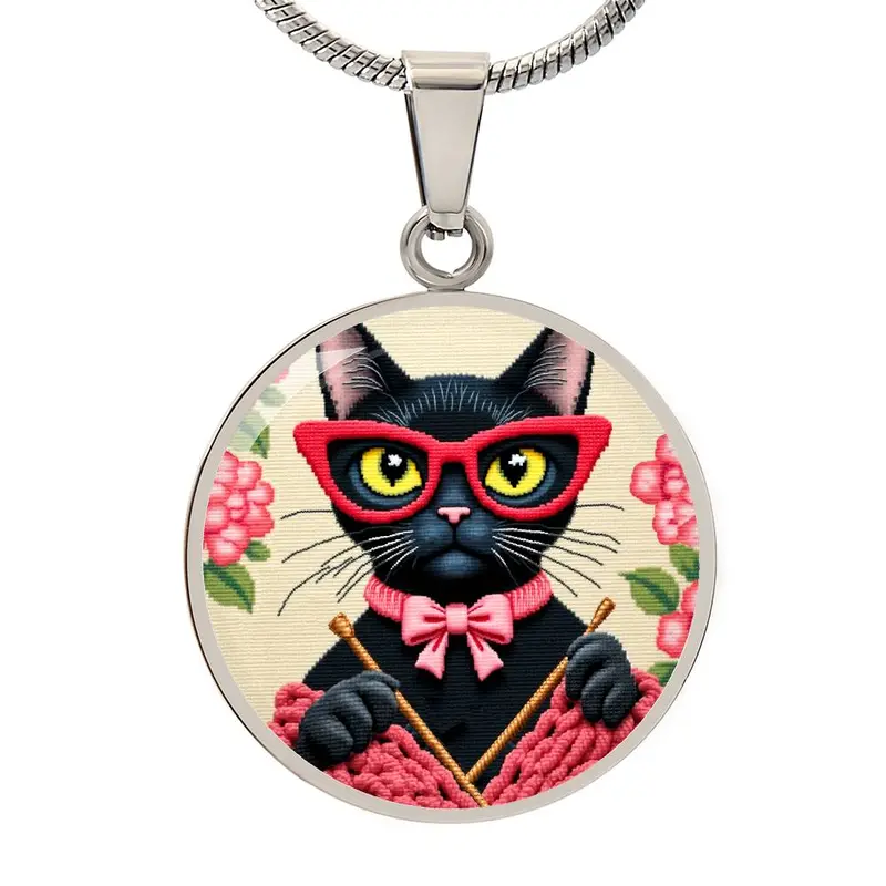 'Knitting Kitty' Pendant Necklace – Whimsical Cat Lover Jewelry Gift 1