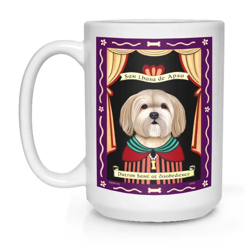 Lhasa Apso Mug – 'Saint Of Disobedience' Art Print, 15 Oz White Ceramic Coffee Cup 1