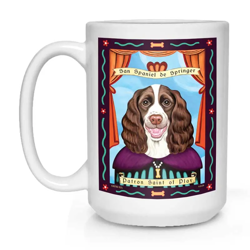 Liver & White Springer Spaniel Mug – 'Saint Of Play' Artwork, 15 Oz White Ceramic Cup 1