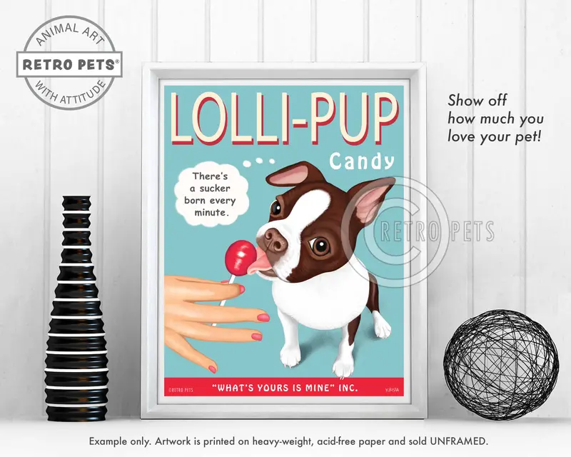 Lolli-Pup Boston Terrier Art Print – Sweet & Whimsical B&W Style 1