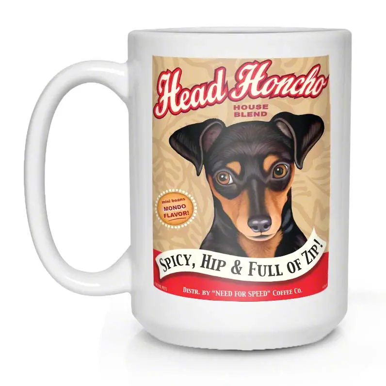 Miniature Pinscher Coffee Mug – 'Head Honcho Coffee' Ceramic Tumbler (15 Oz, White) 1