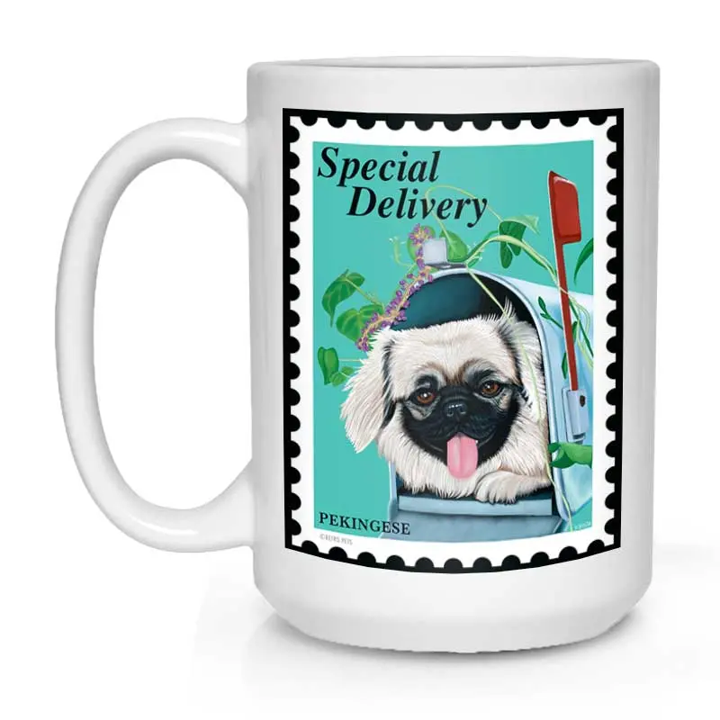 Pekingese Mug: "Special Delivery Stamp" White Ceramic Coffee Cup (15 Oz) 1