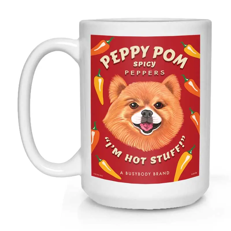 Pomeranian Mug: 'Peppy Pom' Vibrant Personality Design, 15 Oz, Glossy White 1