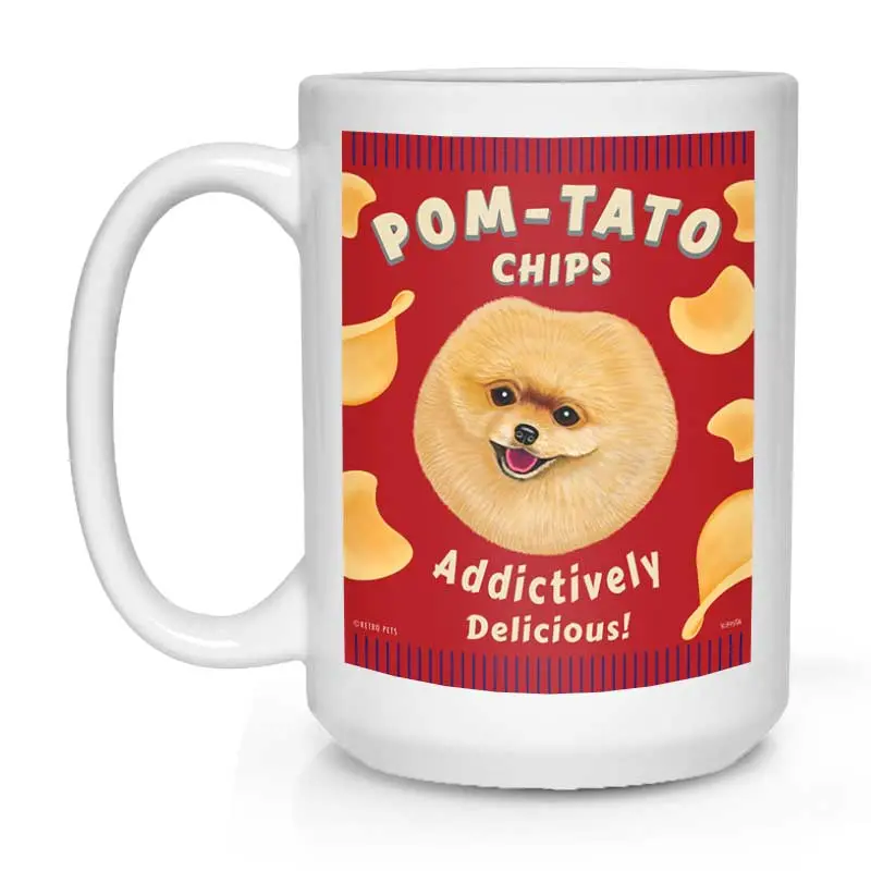 Pomeranian Mug: 'Pom-Tato Chips' Snack-Theme Illustration, 15 Oz, Crisp White 1