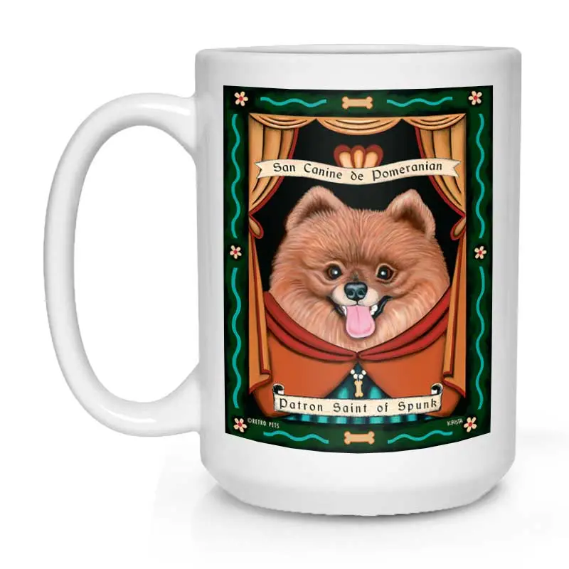 Pomeranian Mug – 'Saint Of Spunk' Artwork, 15 Oz White Ceramic Coffee Cup 1