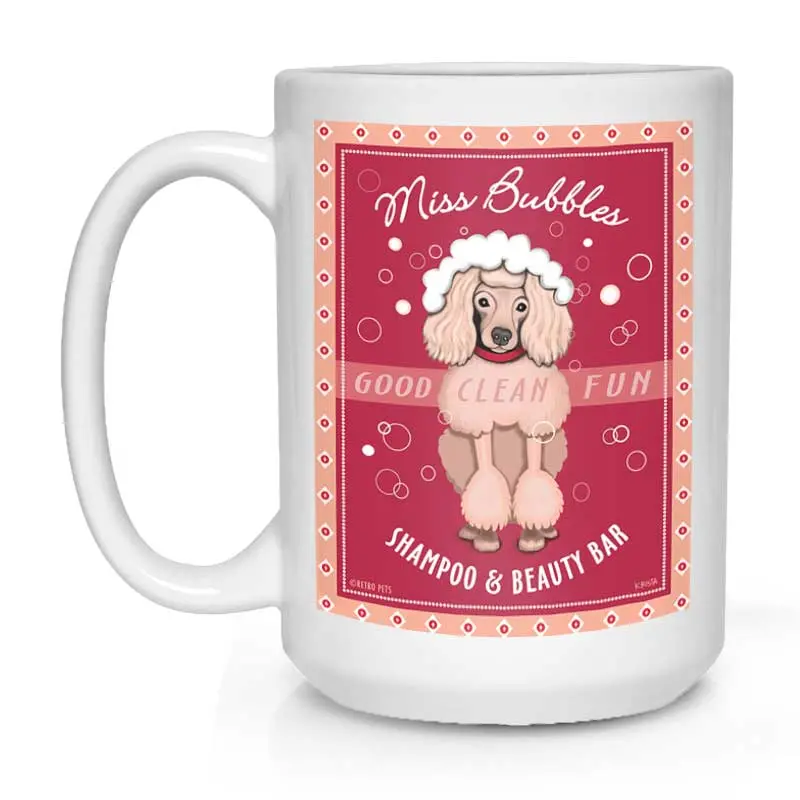 Poodle Mug – "Miss Bubbles" Art Design, 15 Oz White Ceramic Cup 1