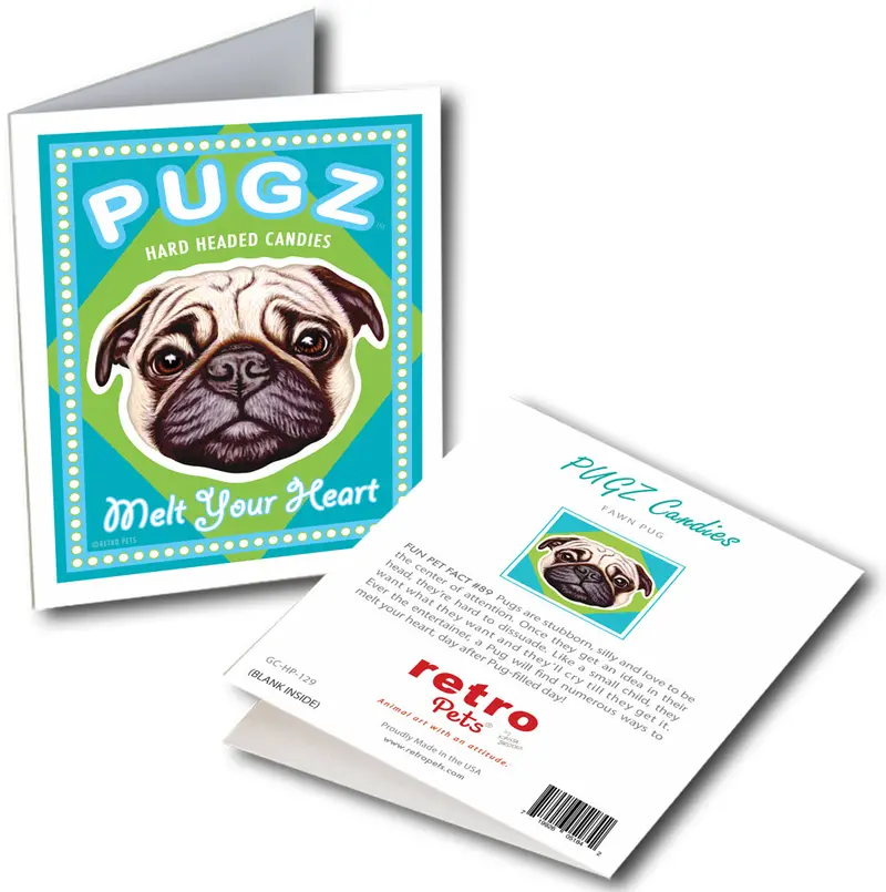 Pug Greeting Card Set: "Pugz Candy" Retro Illustration (6-Pack) 1