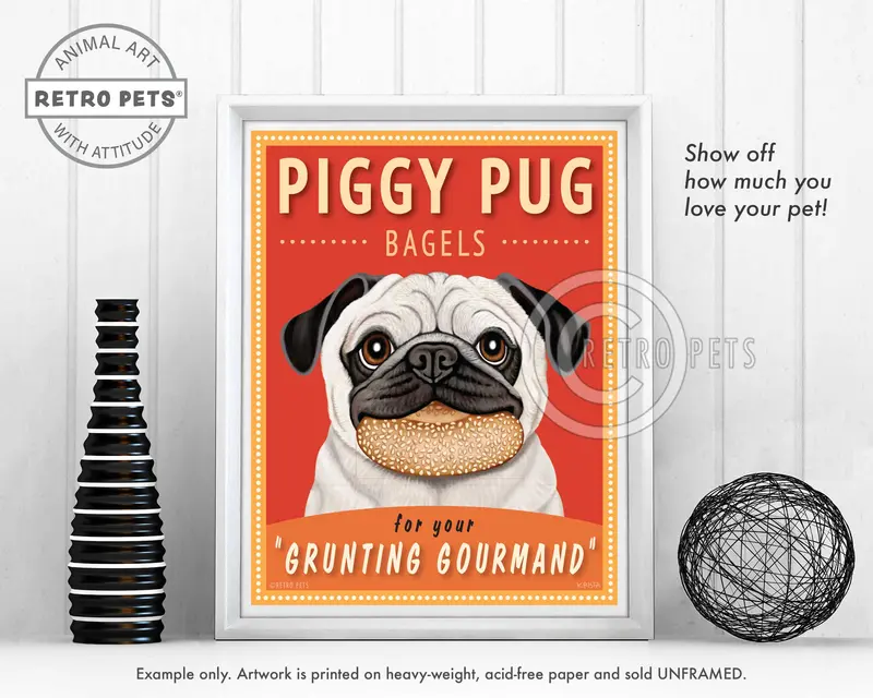 Pug Illustration Print – 'Piggy Pug Bagels' By Krista Brooks 1