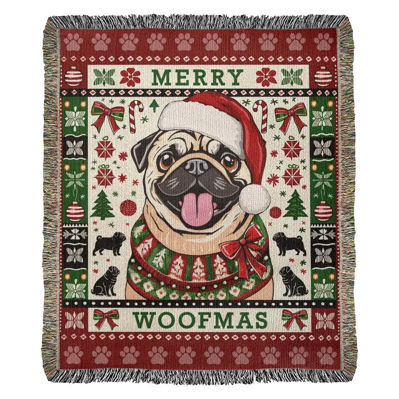 Pug 'Merry Woofmas' Christmas Blanket – Usa-Made Festive Woven Throw 1