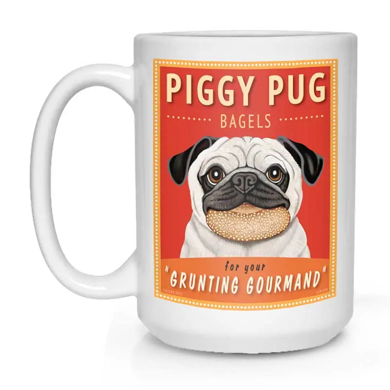 Pug Mug: "Piggy Pug Bagels" White Ceramic Coffee Cup (15 Oz) 1