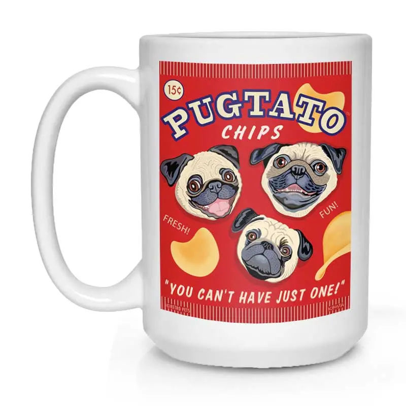 Pug Mug: "Pugtato Chips" White Ceramic Coffee Cup (15 Oz) 1