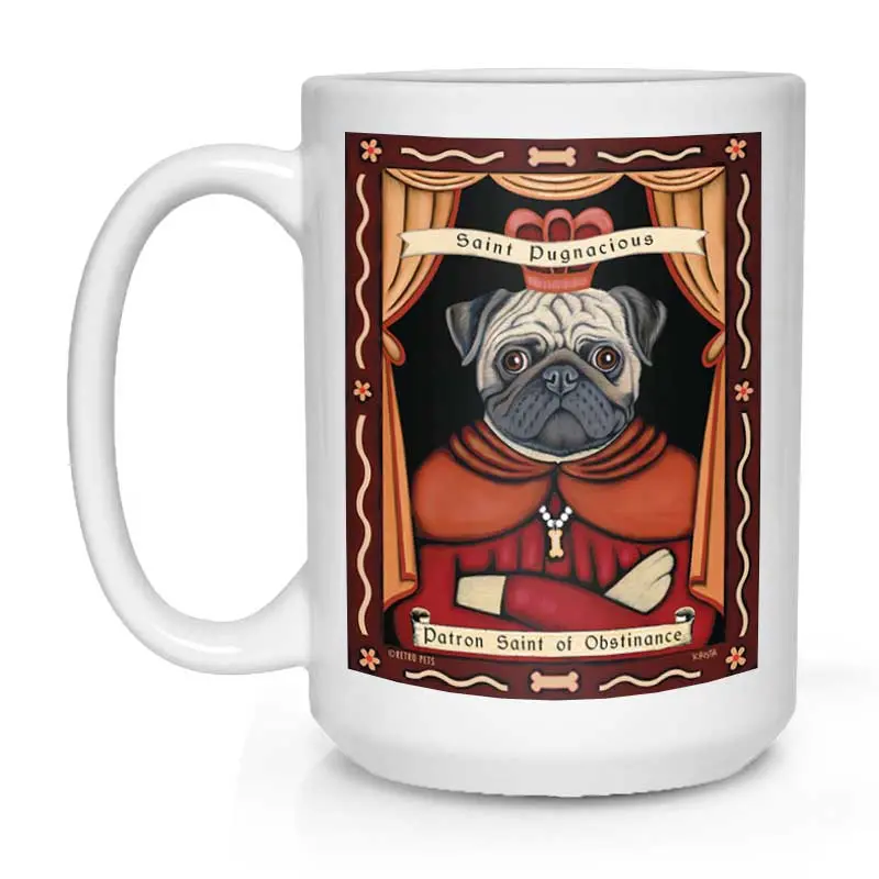 Pug Mug: 'Saint Pugnacious' Witty Religious Parody Art, 15 Oz, Glossy White 1