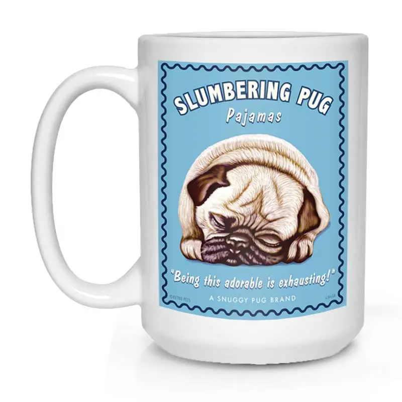 Pug Mug – "Slumbering Pug" Artwork, 15 Oz White Ceramic Coffee Cup 1