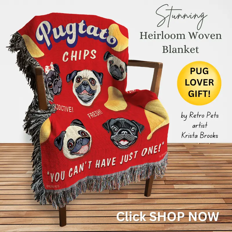 Pug 'Pugtato Chips' Heirloom Woven Blanket – Playful Snack-Inspired Pet Throw 1