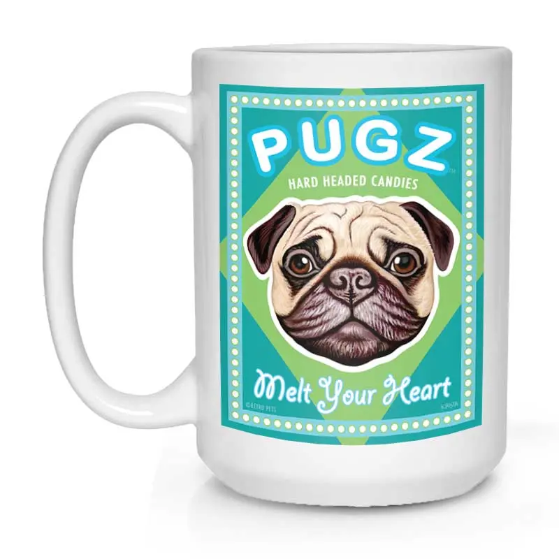 Pug-Themed Ceramic Mug: 'Pugz Candy' Design, 15 Oz, Glossy White 1