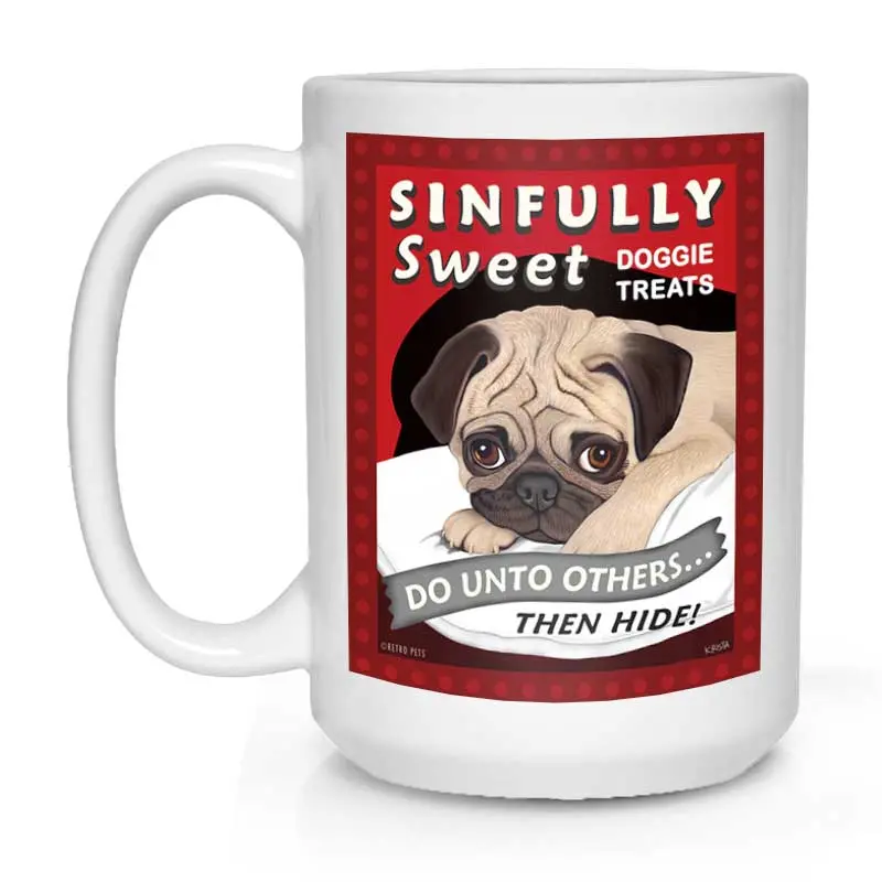 Pug-Themed Mug – 'Sinfully Sweet Doggie Treats' Illustration, 15 Oz White Ceramic Cup 1