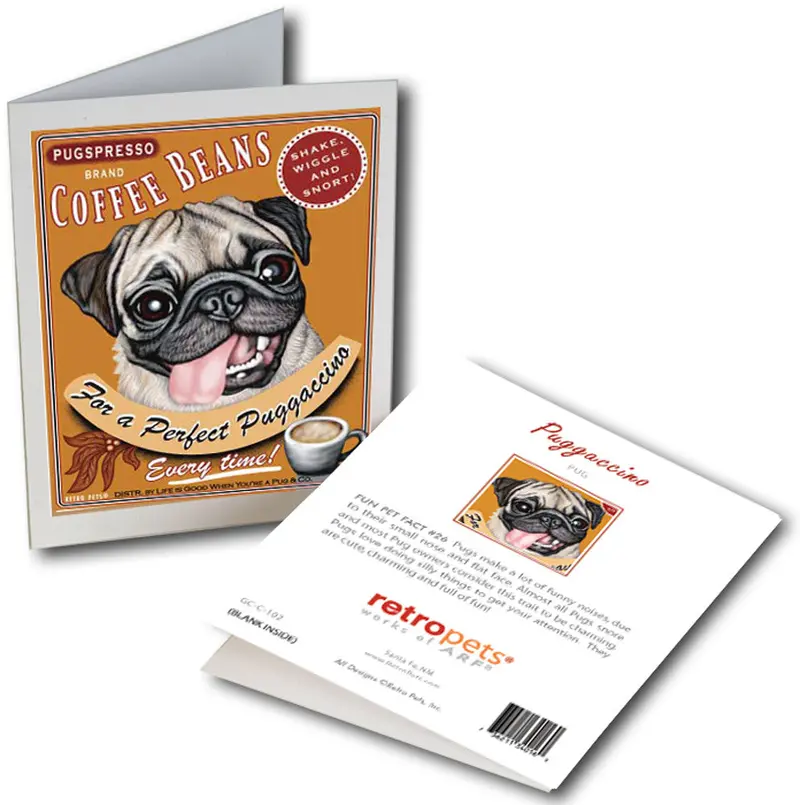 Puggaccino Themed Greeting Card Set – 6 Coffee-Loving Pug Designs 1