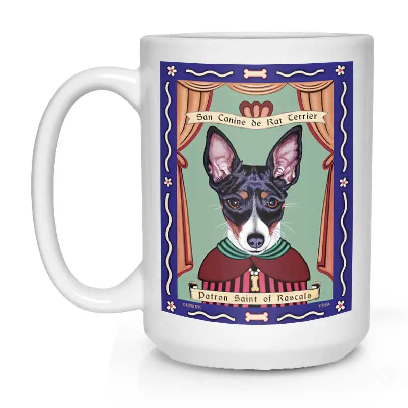 Rat Terrier Mug – "Saint Of Rascals" Design, 15 Oz White Ceramic Coffee Cup 1