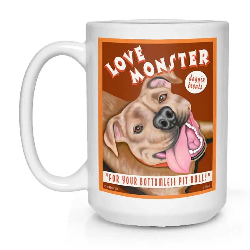 Red-Brown Pit Bull Mug – "Love Monster Doggie Treats" Design, 15 Oz White Ceramic 1