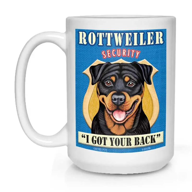 Rottweiler Mug – "Rottweiler Security" Illustration, 15 Oz White Stoneware Cup 1