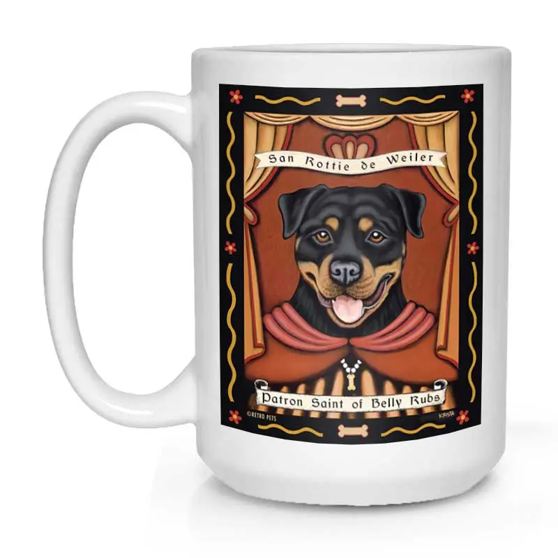 Rottweiler Mug: 'Saint Of Belly Rubs' Affectionate & Goofy Illustration, 15 Oz, Crisp White 1