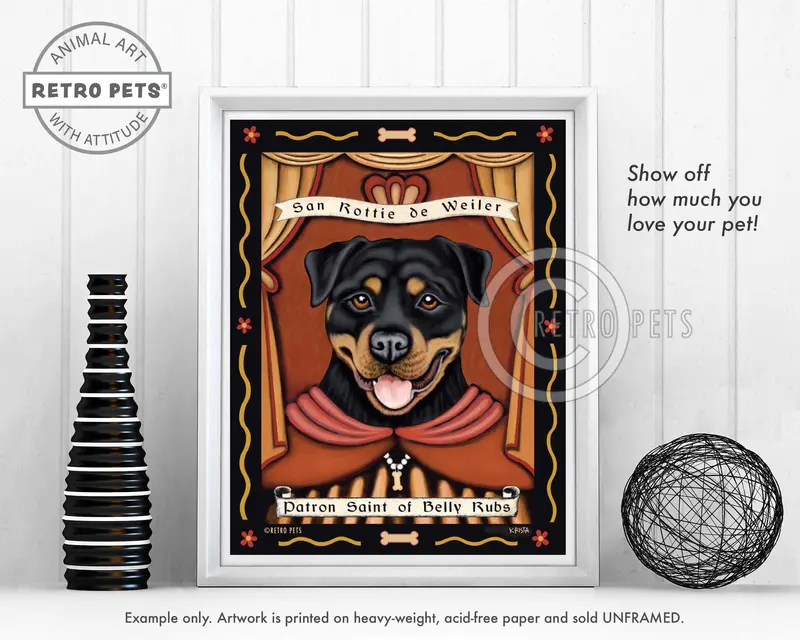 Rottweiler Patron Saint Of Belly Rubs Art Print By Krista Brooks – Affectionate & Powerful Breed Illustration 1