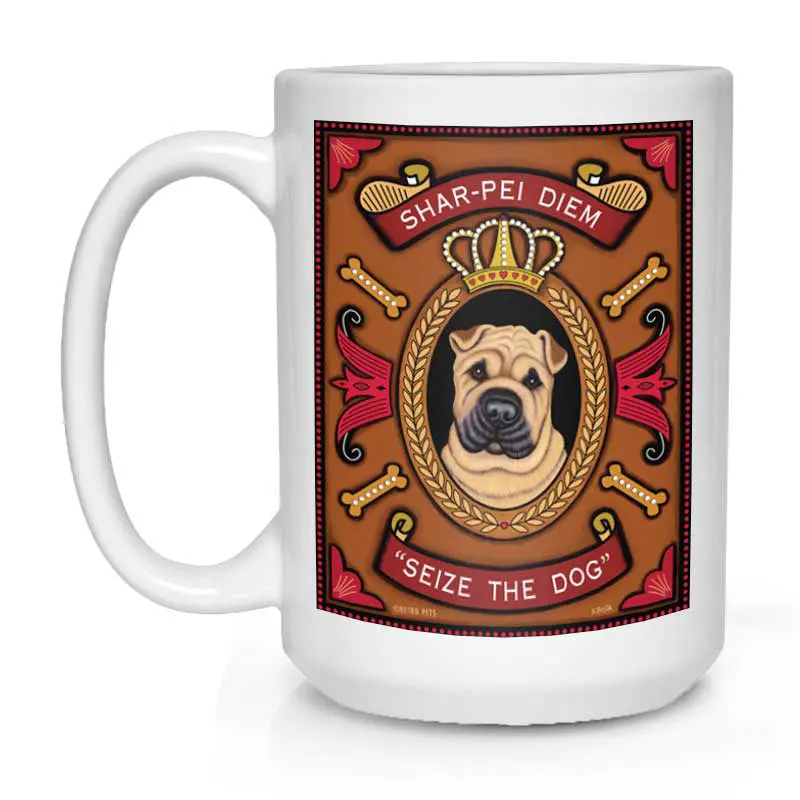Shar-Pei Illustrated Mug: 'Shar-Pei Diem' Humor, 15 Oz, Matte White 1