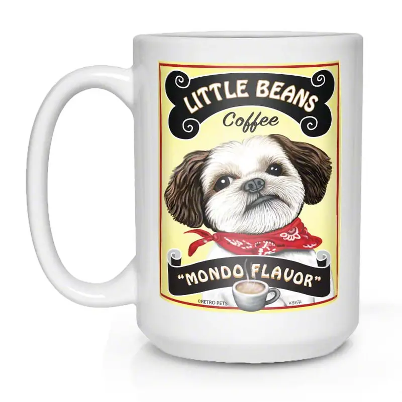 Shih Tzu Mug – 'Little Beans Coffee' Illustrated Ceramic Cup (15 Oz, White) 1
