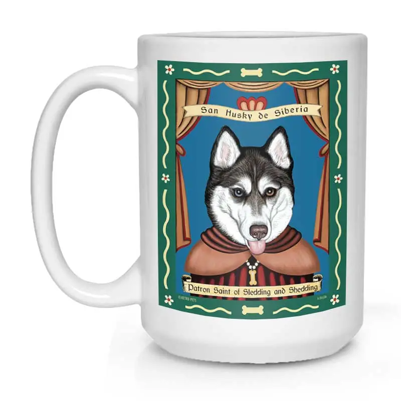 Siberian Husky Mug – Blue & Brown Eyes, "Saint Of Sledding And Shedding", 15 Oz White 1