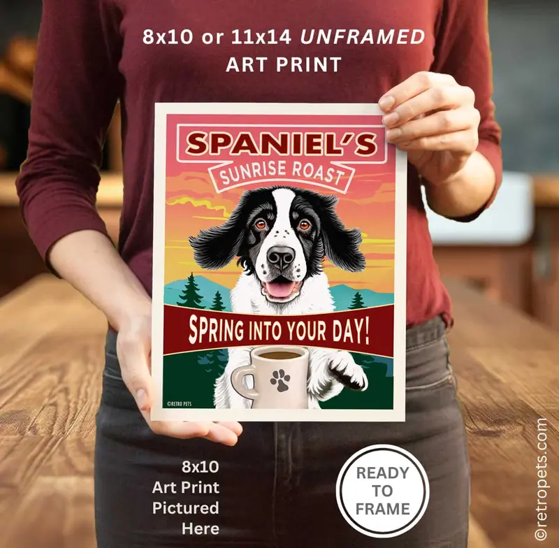 Springer Spaniel 'Spaniel'S Sunrise Roast' Art Print – Black & White Coffee-Themed Canine Decor 1