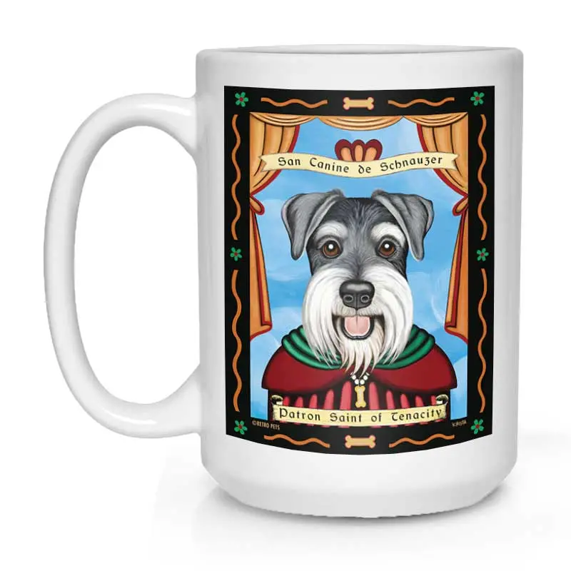 Standard Schnauzer Mug (Natural Ears): 'Saint Of Tenacity' Resilient Canine Portrait, 15 Oz, Matte White 1