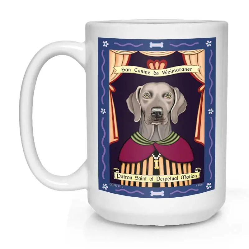 Weimaraner Ceramic Mug – Emerald-Eyed 'Saint Of Perpetual Motion' Illustration, 15 Oz White Coffee Cup 1
