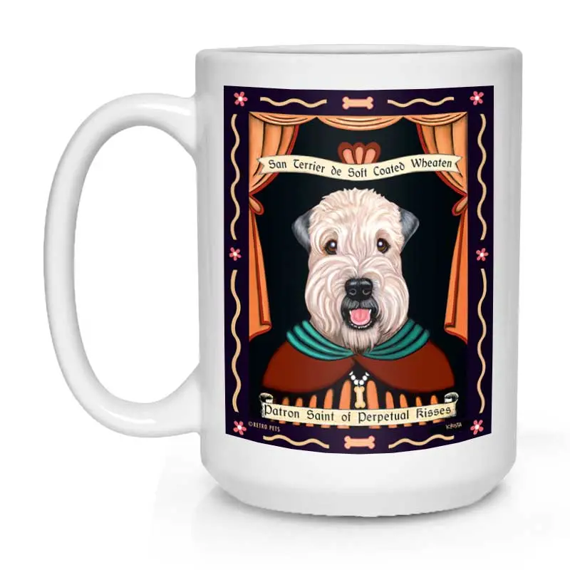 Wheaten Terrier Mug – 'Saint Of Perpetual Kisses' Art Design, 15 Oz White Ceramic Cup 1