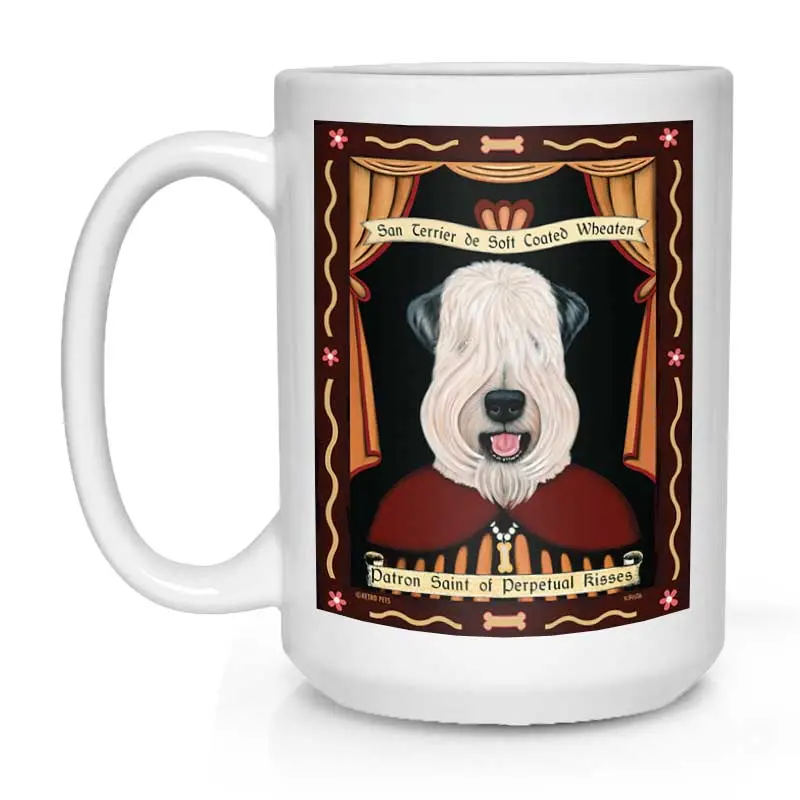 Wheaten Terrier Show-Cut Mug – 'Saint Of Perpetual Kisses' Illustration, 15 Oz White Ceramic Cup 1