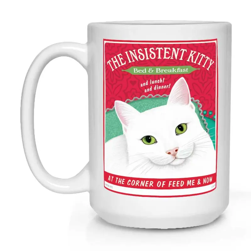 White Cat Mug – 'Insistent Kitty Bed & Breakfast' Playful Feline Design (15 Oz, White) 1