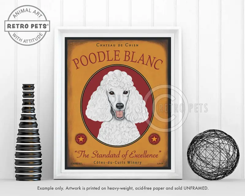 White Poodle Faux Wine Label Art Print – 'Poodle Blanc' By Krista Brooks 1