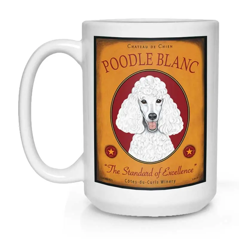 White Poodle Mug – 'Poodle Blanc' Elegant Illustration, 15 Oz White Ceramic Cup 1