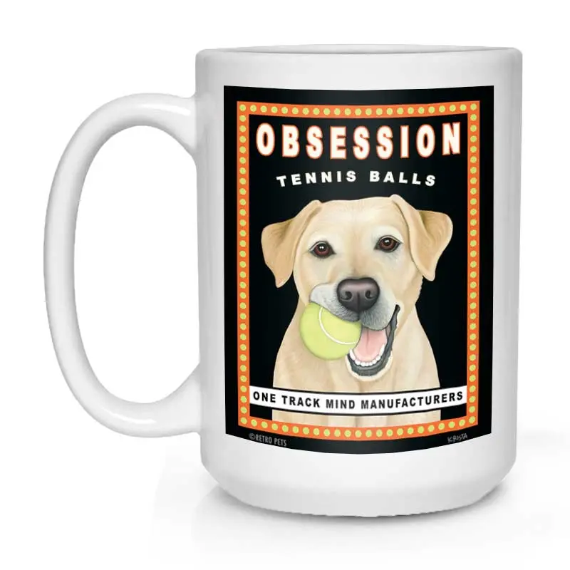 Yellow Labrador Mug – "Obsession Tennis Balls" Theme, 15 Oz White Ceramic 1