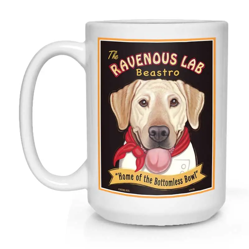 Yellow Labrador Mug: 'Ravenous Lab' Food-Lover Theme, 15 Oz, Clean White 1
