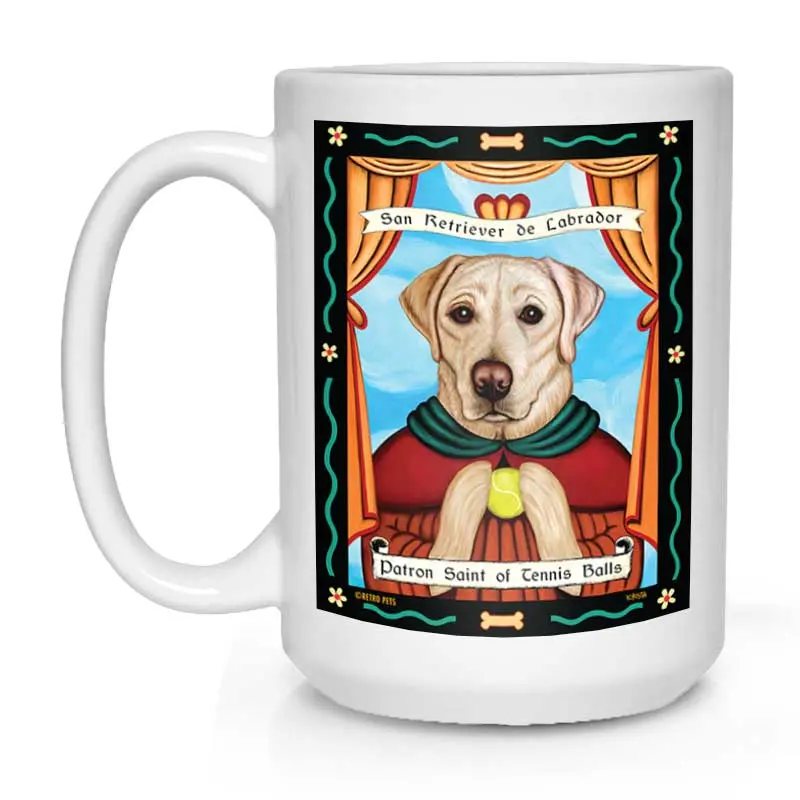 Yellow Labrador Mug: 'Saint Of Tennis Balls' Sporty Tribute, 15 Oz, Bright White 1