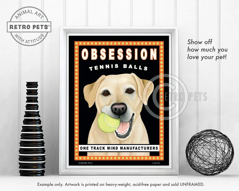 Yellow Labrador Retriever Art Print – 'Obsession: Tennis Balls' By Krista Brooks 1
