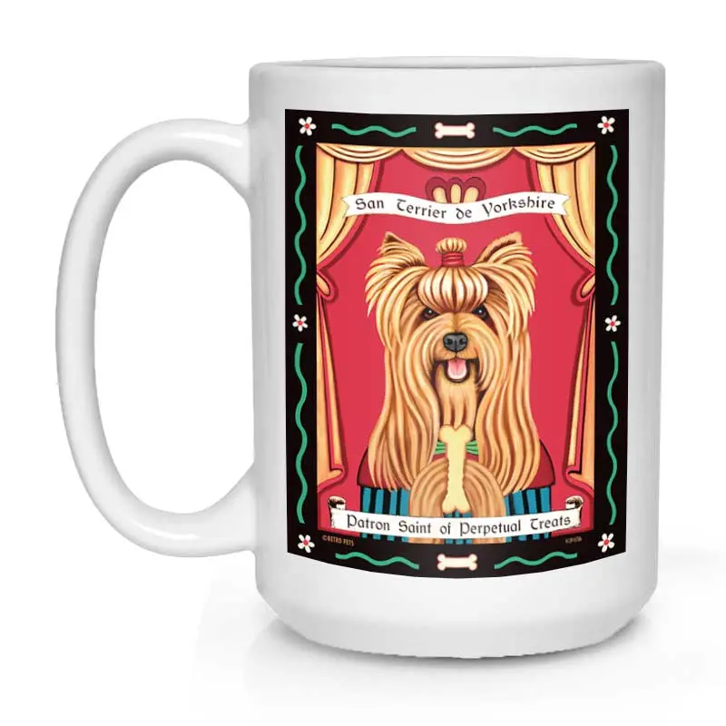 Yorkshire Terrier Mug (Show Cut): 'Saint Of Perpetual Treats' Pampered Pet Theme, 15 Oz, Elegant White 1
