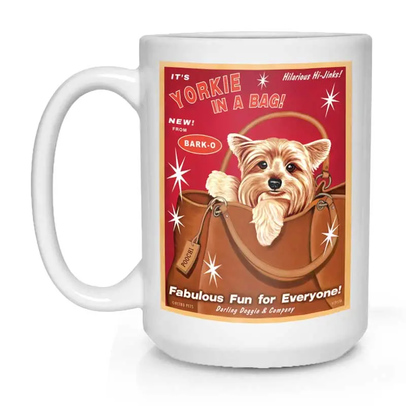 Yorkshire Terrier Mug: 'Yorkie In A Bag' Whimsical Art, 15 Oz, Bright White 1